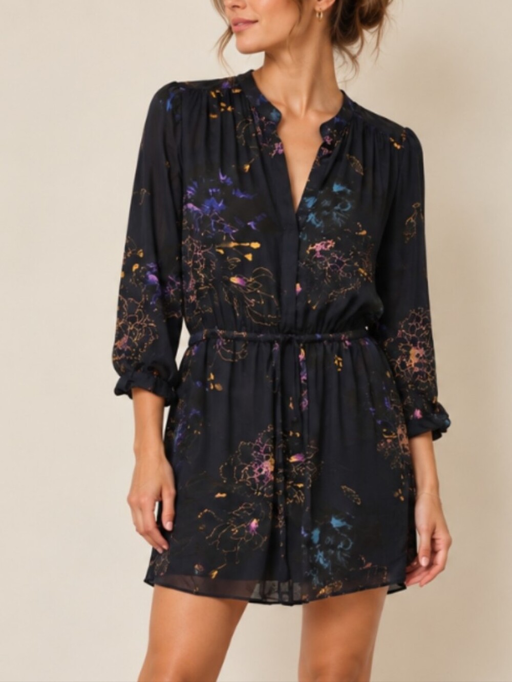 Silk Babaton Dark Blue Floral Print Tie-Waist Mini Dress